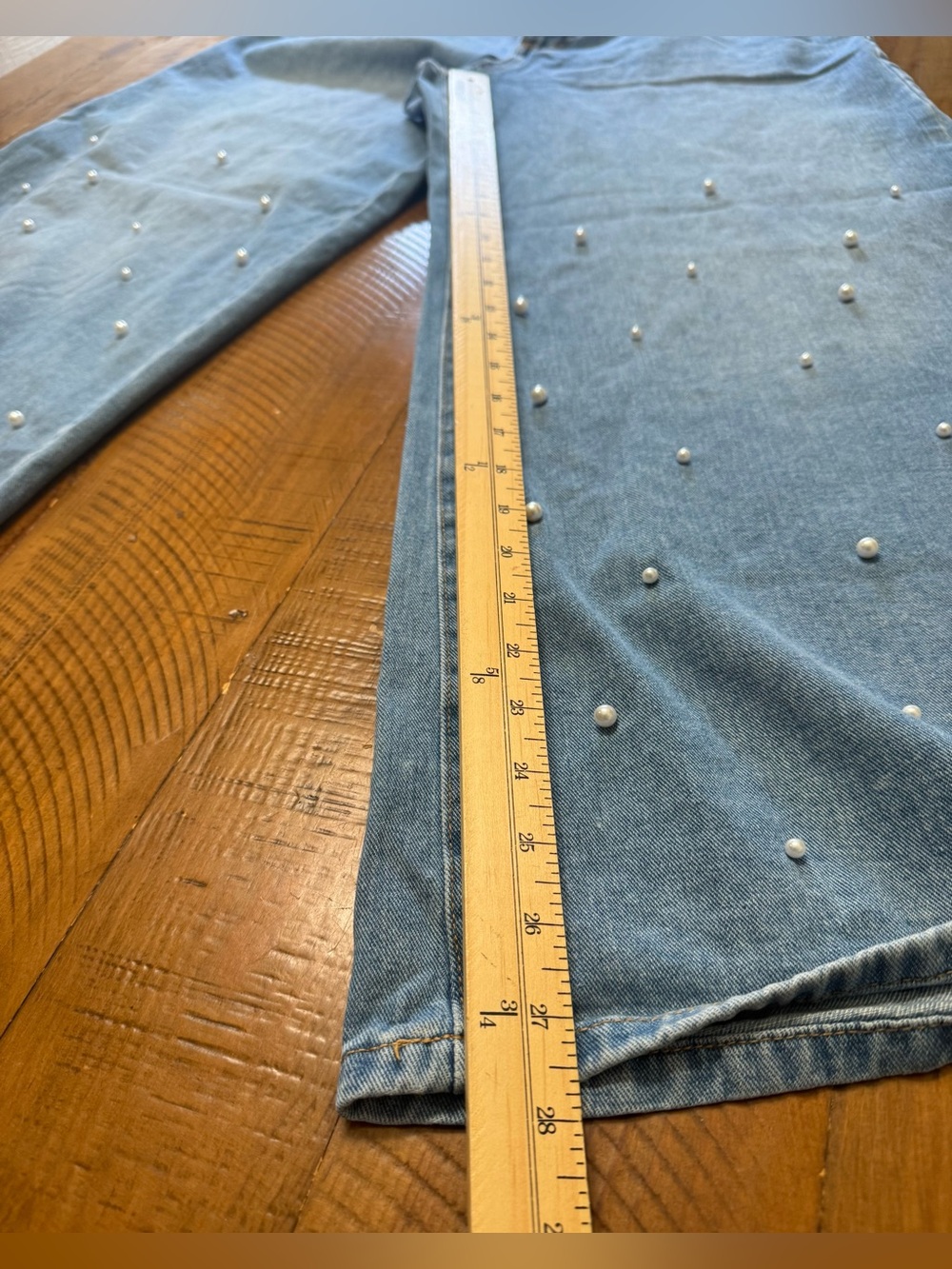 Pearl-Embellished Light Blue Wide-Leg Jeans